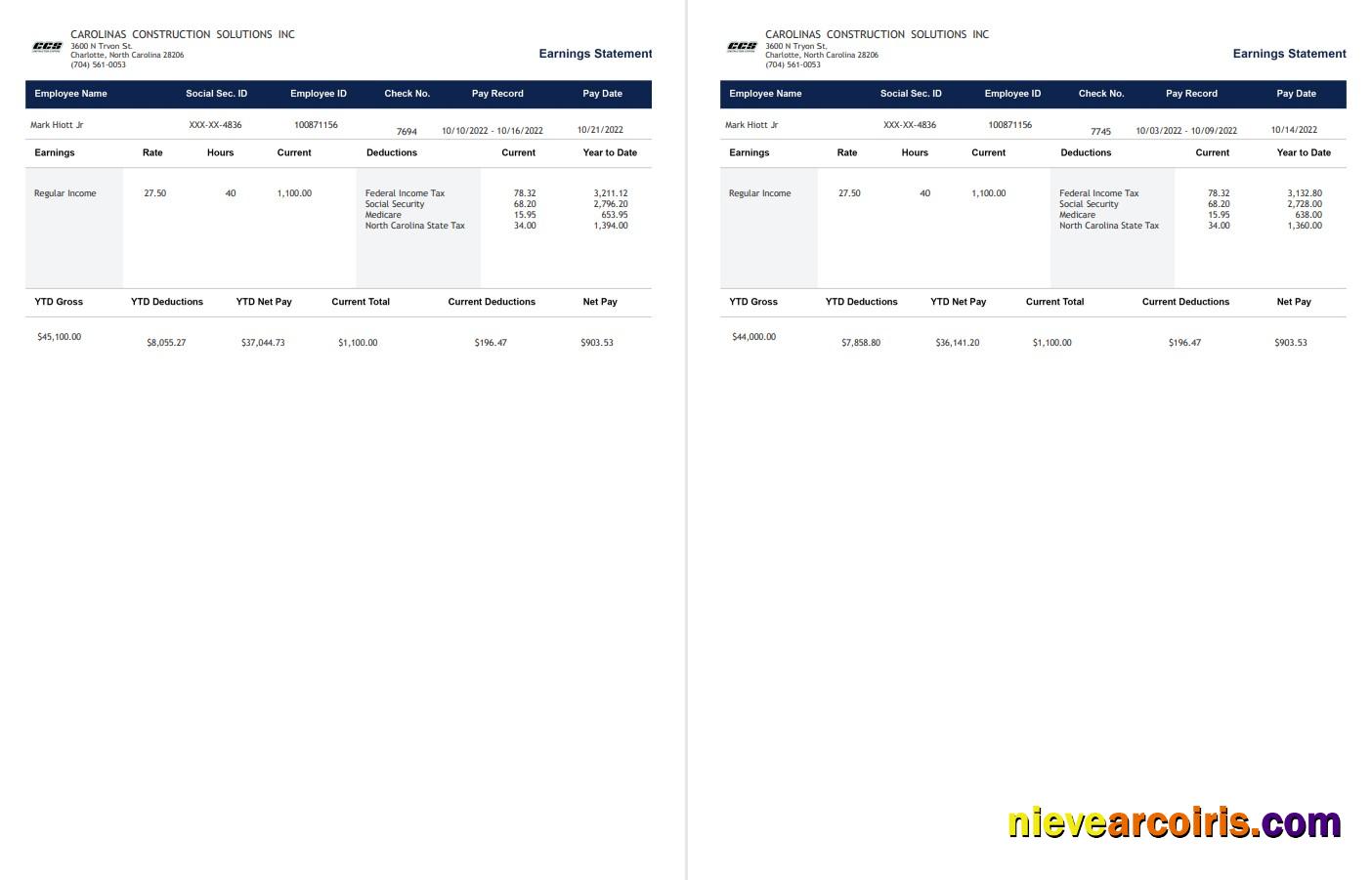 Carolinas Construction Solutions Paystub